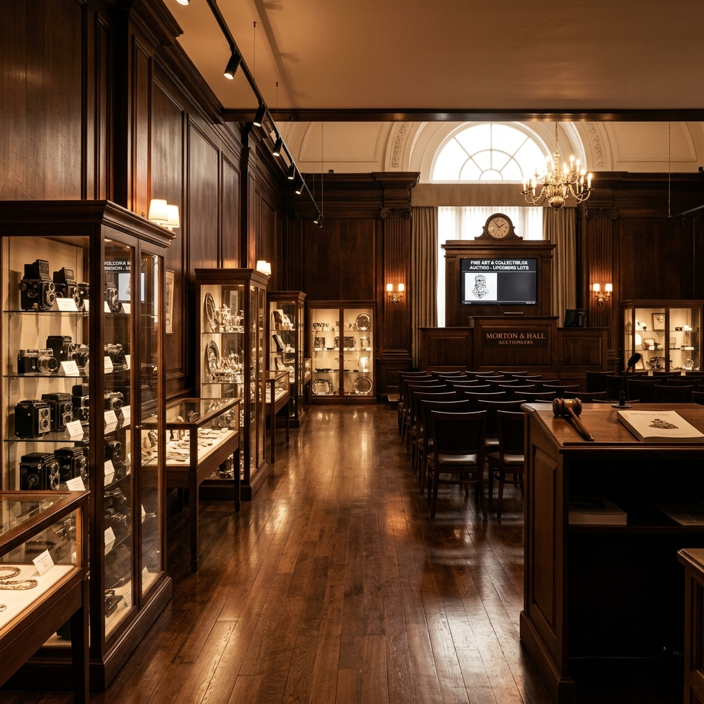 London Camera and Antique Auction saleroom interior with vintage cameras on display